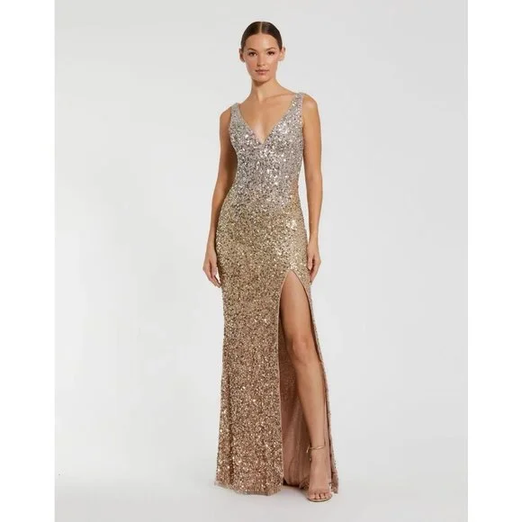 Mac Duggal | Dresses | Mac Duggal 68 Silver Gold Ombr Sequin Beaded  Embellish Vneck High Slit Gown 4 | Poshmark